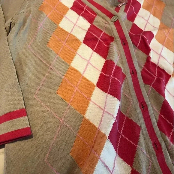 Preppy Argyle Cardigan Sweater Pink Orange Size M Liz Claiborne - Picture 2 of 4